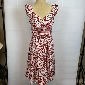 Chadwicks red and white floral print dress with striped faux cummerbund, Size 6